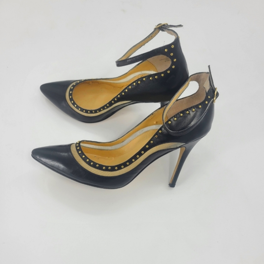 LEVITY BLACK AND SHEER LEATHER ANKLE STRAP PUMPS WITH GOLD STUDS..SIZE 8